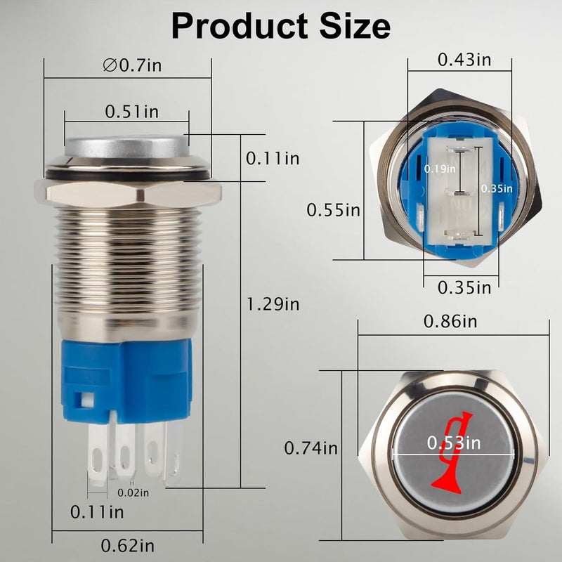 BFXM Horn Button 12v, 16MM Raised Speaker Momentary Push Button Switch, 5/10" Mounting Hole Horn Switchs for Automotive Car Boat Train, Red LED Light Silver Stainless Steel Shell - Image 3